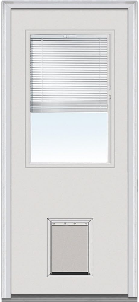 National Door Company ZFSF684BLFS30L Fiberglass Smooth, Primed, Left Hand Inswing, Exterior Prehung Door, Internal Blinds, 1/2 Lite with Pet Door, 36"x80"