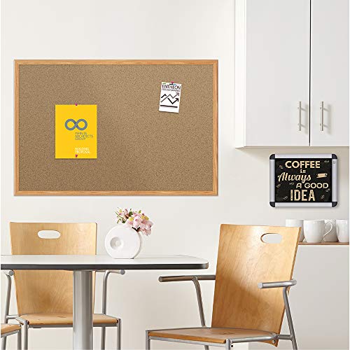 Mead Corkboard, Framed Bulletin Board, 3' x 2', Cork Board, Oak Finish