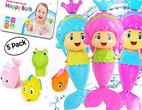 OML Cali Bath Toys for Girls | Mermaid (1) and Squirt Sea Animals (4) - Total 5 Pack - Swimming Mermaid Wind Up and Friends | Perfect Bath Time Toys Toddler - Original