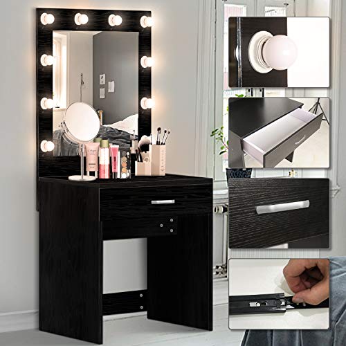 US Shipping Vanity Set with Lighted Mirror, YEEGO Makeup Vanity Dressing Table Dresser Writing Desk with Drawer for Bedroom Easy Assembly, Black(10PCS Warm LED Bulbs)