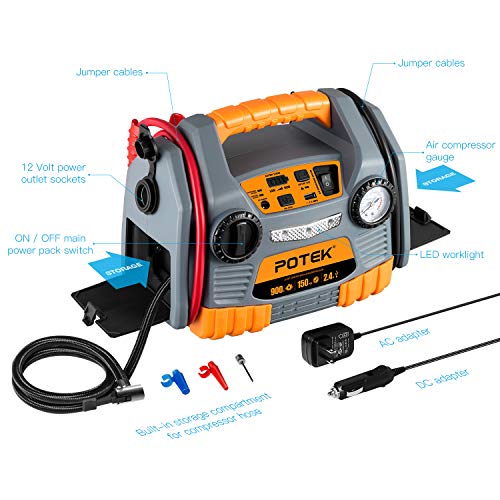 POTEK Jump Starter Source with 150 PSI Tire Inflator/Air compressor,900 Peak Amps Power Station with 2.4A USB Port - Thumbnail 2