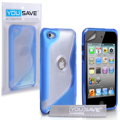 Stylish Blue S-Line Silicone Gel Grip Case Cover For The Apple iPod Touch 4 4G 4th Generation With Screen Protector