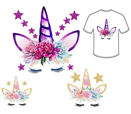 Unicorn Iron-On Patches T-Shirt Heat Transfer Paper Iron-On Transfer Patches and Stars&Flowers 3pcs