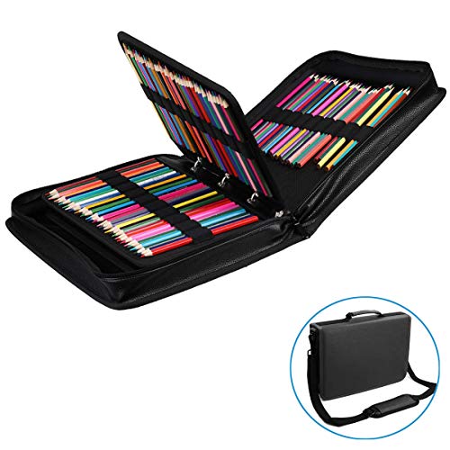 BOMKEE Pencil Case Holder 210 Slots PU Leather Pencil Holder Gel Pen Bag with Adjustable Removable Strap Zipper Closure Large Capacity Pen Organizer (Black)