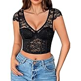 Avidlove Corset Tops for Women Floral Lace Bustier Cap Sleeve Crop Top Sexy V Neck Going Out Outfit with Buckle