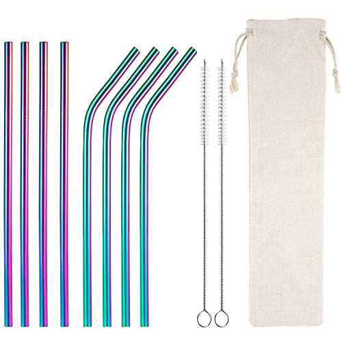 Reusable Stainless Steel Metal Straws 10.5 inch Metal Drinking Straw for 20 oz and 30 oz Tumblers Cups Mugs, Cleaning Brush Included (4 straight and 4 bent drinking straws Rainbow Color)