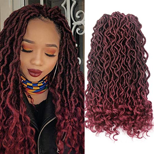 Goddess Locs Crochet Hair Wavy Faux Locs Crochet Braids Hair Deep Wave Curly Ends Synthetic Braiding Hair Extension Ombre Black Burgundy Soft Dread Lock Havana Mambo Twist Hairstyles(6packs,T1B/Bug#)