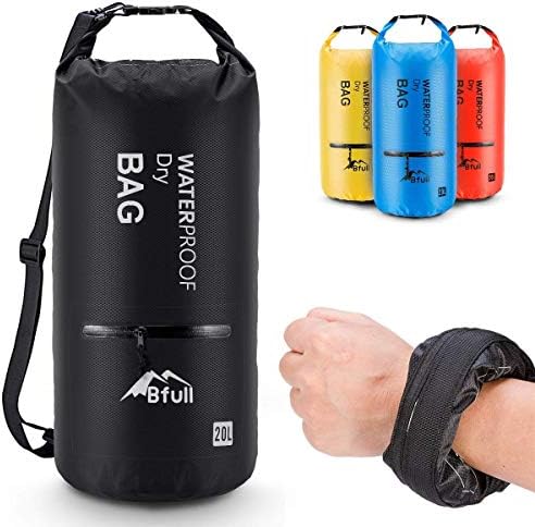 BFULL Waterproof Dry Bag 10L/20L [Lightweight Compact] Roll Top Water Proof Backpack 2 Exterior Zip Pocket Kayaking, Boating, Duffle, Camping, Floating, Rafting, Fishing (Black, 20L)