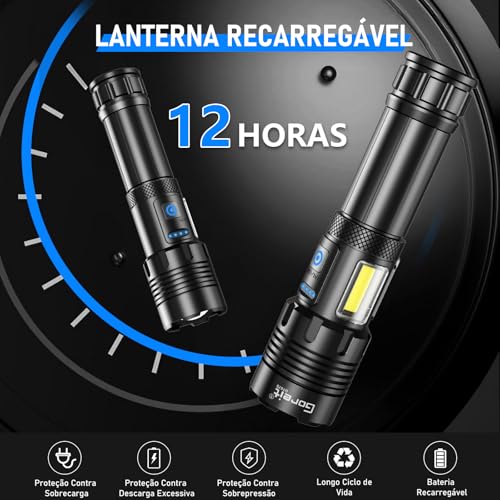 Lanterna Led Recarregável 10000Lúmen, Lanternas Tatica Militar Há 7 Modos, XHP90.2 Chip, lanternas Potente Zoom de Longo Alcance, Lanternas Para Acampamento, Pesca Emergências, Super Lanterna USB LED