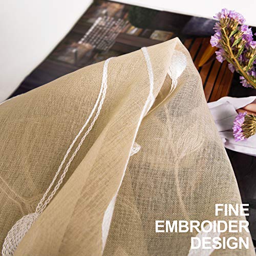AmHoo Floral Leaf Embroidery Semi Sheer Curtain Rod Pocket Voile Sheer Curtains Set of 2 for Living Bedroom Window Treatment (Linen, 53 x 63) - Thumbnail 4
