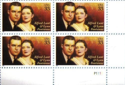 1999 ALFRED LUNT &amp; LYNN FONTANNE #3287 Plate Block of 4 x 33 cents US Postage Stamps by USPS Postage Stamps