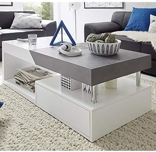 ModaNuvo Modern Extending Storage Coffee Table With Drawer, White Grey Concrete