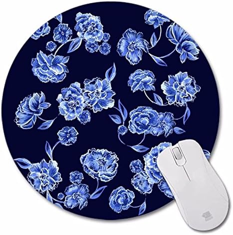 Mouse Pad Non-Skid Rubber Pad Personalized Round Desktop Mousepad, Blue Flower design