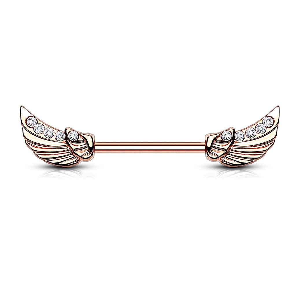 PiercedOff Rose Gold Tone IP over 316L Surgical Steel Nipple Bar with Clear CZ Lined Angel Wings - Thickness 14GA (1.6mm) / Length 14mm / Wing Size 10mm x 5mm