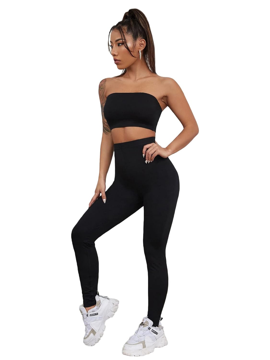 Buy Floerns Women's 2 Piece Outfits Solid Strapless Crop Tube Top and