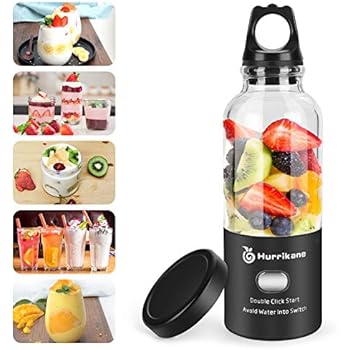 Hurrikane Portable Blender, 2-in-1 Personal Smoothie Blender/Juicer Cup with 3D 6 Blades, 500mL, USB Rechargeable, Self-Cleaning, for Home, Office or Travel (Black, 50W 4000mAh)