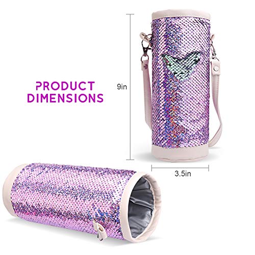 DricRoda Insulated Bottle Cover,Mermaid Sequin Water Bottle Carrier, Drink Bottle Insulator Cooler,Bottle Sleeve Holder Tote Bag with Shoulder Strap for Kids,Girls,Ladies (Purple)