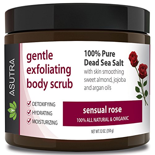Best ORGANIC Exfoliating Body Scrub - "SENSUAL ROSE" - 100% Pure Dead Sea Salt Scrub / Ultra Hydrating & Moisturizing with SKIN SMOOTHING Jojoba, Sweet Almond & Argan Oils - 12oz...