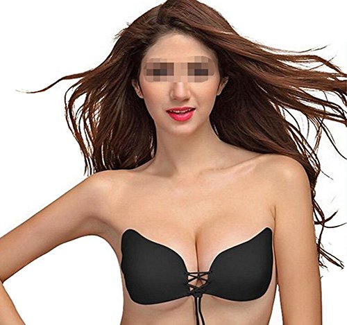 Adhesive Butterfly Wing Silicone Strapless Backless Stick on Invisible Bras Push-up Bra Breast Pad (Cup C, Black)