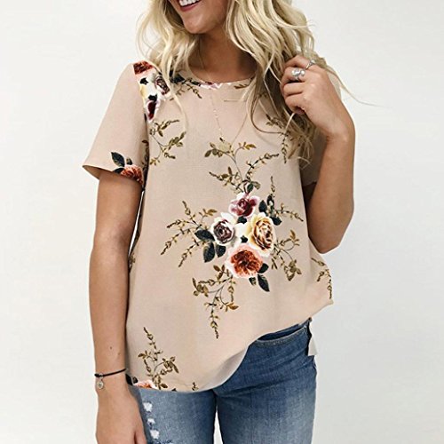 Dainzuy Ladies Sexy Casual Tops, Women's Floral Printing T-Shirt Short Sleeve Blouse (Khaki, L)