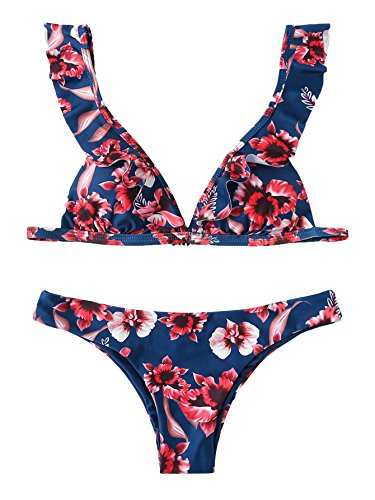 SOLYHUX Women's Flower Print Ruffle Strap Bikini Set Swimsuit Dark Blue S - Thumbnail 6