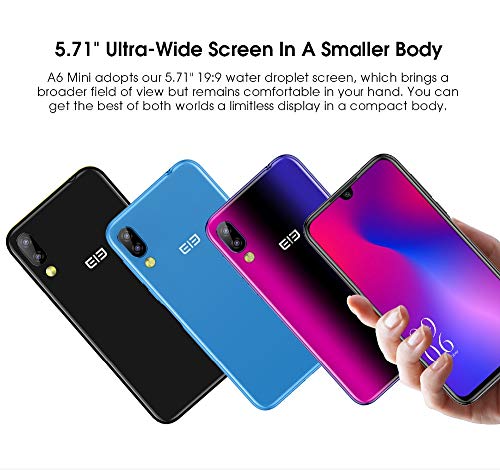 Elephone A6 Mini Android 9.0 4G Dual SIM Movil Libre - 5.7 '' HD +Pantalla de Muesca de ultima vanguardia Smartphone MTK6761 2.0GHz 4GB + 32GB-16MP Camara Frontal,16MP+2MP Doble camara Trasera Azul