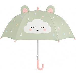 juju Compact Rain Umbrella with Smiling Cloud Print – 33 Inch Pastel Canopy with Rounded Rib Tips – Easy-Grip Curved Handle –