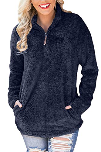 Women Plain Pocket Fuzzy Pullover 1/4 Zip Long Sleeve Fleece Sherpa Sweatshirt Navy S