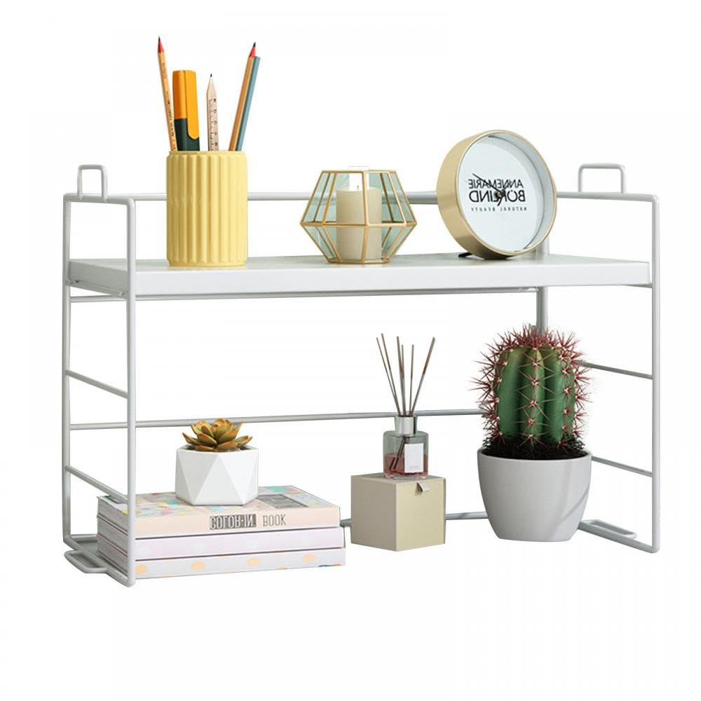 Gelory Desk Organizer Shelf Desktop Storage Shelf Display Bookcase Storage Rack Multipurpose Desktop Bookcase Stand for Office Kitchen Bedroom Bathroom Reading Room (White frame white)