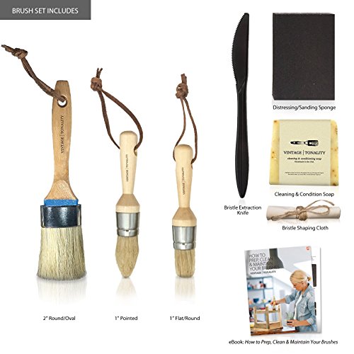 Pro Chalk Paint Brush Set Furniture Paint Brushes For Chalk Paint, Milk Paint, Clear Wax Art Home Decor Large and Small Natural Boar Hair Bristles Round, Oval and Flat Bristle Head by Vintage Tonality