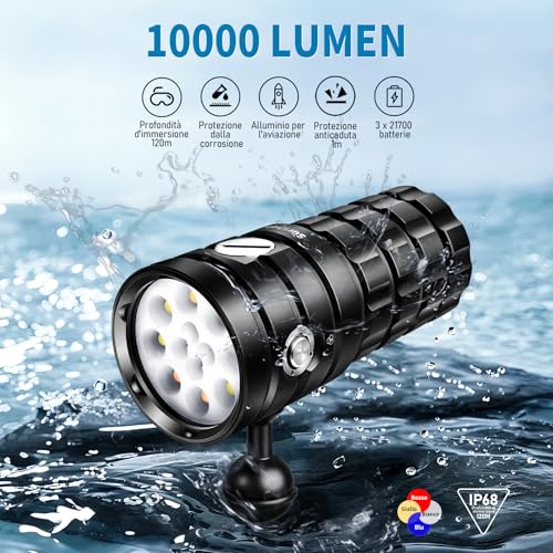 Sursnong SR 10000 Lumens Diving Video Torch - Professional Diving Flashlight with 95 CRI, 6500K White Light, for Diving/Underwater Photography/Videography (IP68 Waterproof, 120m Depth)