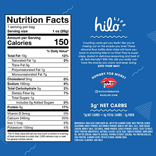 HILO LIFE LOW CARB KETO FRIENDLY TORTILLA CHIP SNACK BAGS, RANCH, 1 OUNCE (PACK OF 12)