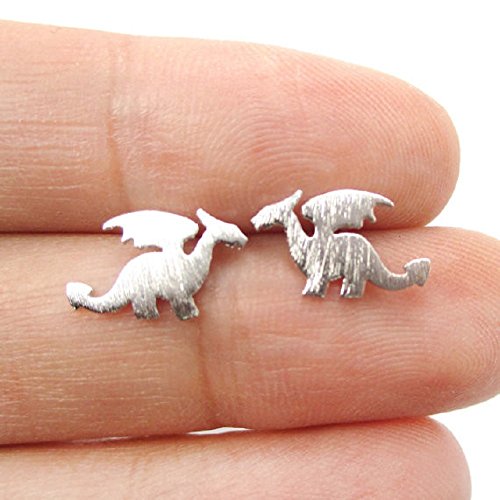 Dainty Small Dragon Silhouette with Wings Animal Shaped Stud Earrings in Silver Handmade Animal Jewelry