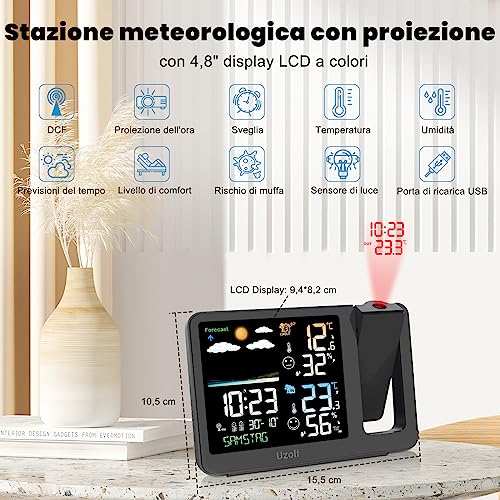 Uzoli Alarm Clock with Projector Ceiling Projection Clock Weather Station, Outdoor Sensor Thermometer Indoor Hygrometer Weather Forecast Comfort Level Mold Risk -EM3539A