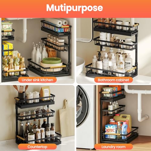 Aekenr Under Sink Organizer and Storage for Bathroom and Kitchen - 2 Pack 3 Tier Under Cabinet Pull Out Shelf Organizers - Slide Out Drawer Organization for Home Cabinets Shelves and Drawers
