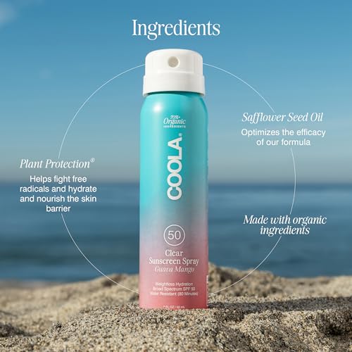 COOLA Organic Sunscreen SPF 50 Sunblock Spray, Dermatologist Tested Skin Care for Daily Protection, Vegan and Gluten Free, Guava Mango, Travel Size, 2 Fl Oz