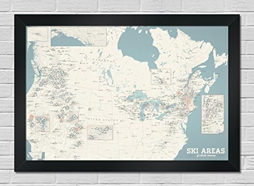 North America Ski Resorts Map PREMIUM FRAMED 24x36 Poster (Beige &amp; Opal Blue | Black)