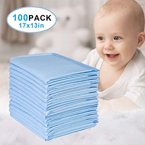 BDGOLE Disposable Changing Pad Leak-Proof Baby Underpad Bed Table Protector Mat 100 PCS, Soft Non-Woven Fabric for Baby Waterproof Diaper Changing Pad Breathable, 17 Inches x 13 Inches