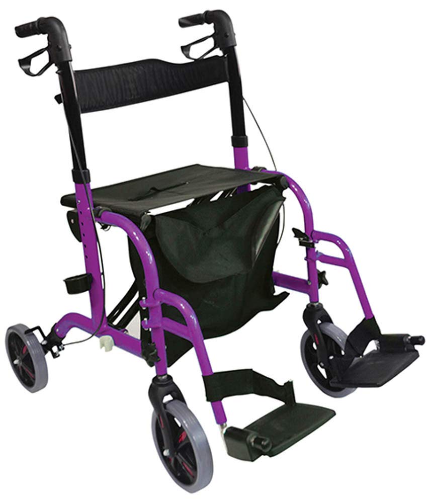 Aidapt Duo Deluxe Purple Folding Light Weight 4 Wheeled Rollator Transit Chair Mobility Aid with Seat, Foot Plates, Carry Bag, Lockable Brakes and Puncture Proof Tyres for Indoor and Outdoor use.