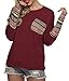 POGTMM Women's Long Sleeve Crew-Neck Patchwork Boho Trendy Blouse Tops (M, Wine Red)