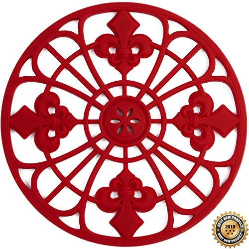 Silicone Trivets Set For Hot Dishes | Modern Kitchen Hot Pads For Pots & Pans | Fleur De Lis Design (Symbol of Royalty) Mimics A Cast Iron Trivet (7.5â€ Round, Set of 3, Coral Red)