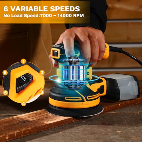 DEKOPRO 300W Orbital Sander, 6 Speed, 14000RPM, 16 Pieces Sandpaper, 125 mm Sanding Pad, Dust Collector, for Wood and Steel Surfaces