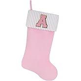 Shgngle 20 Inches Letter Embroidered Christmas Stocking,Personalized Pink Velvet Christmas Stocking,Family Holiday Decorations and Xmas Gift(A)