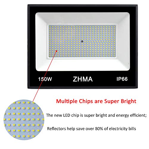 ZHMA 2 Pack 150W LED Work Lights, Outdoor Lighting Flood Light with Plug, IP66 Waterproof Spotlight, 6500K Super Bright White Light, Floodlight Fixture for Garage, Garden, yard, Shop, Basketball Court - Thumbnail 3