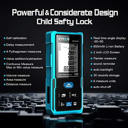 Rechargeable Laser Meter,VYTOOV Laser Tape Measure Electronic Angle Sensor Data Storage with Target Plate&Enhancing Glasses with Pythagorean Mode, Measure Distance, Area, Volume Calculation(164FT/50M)