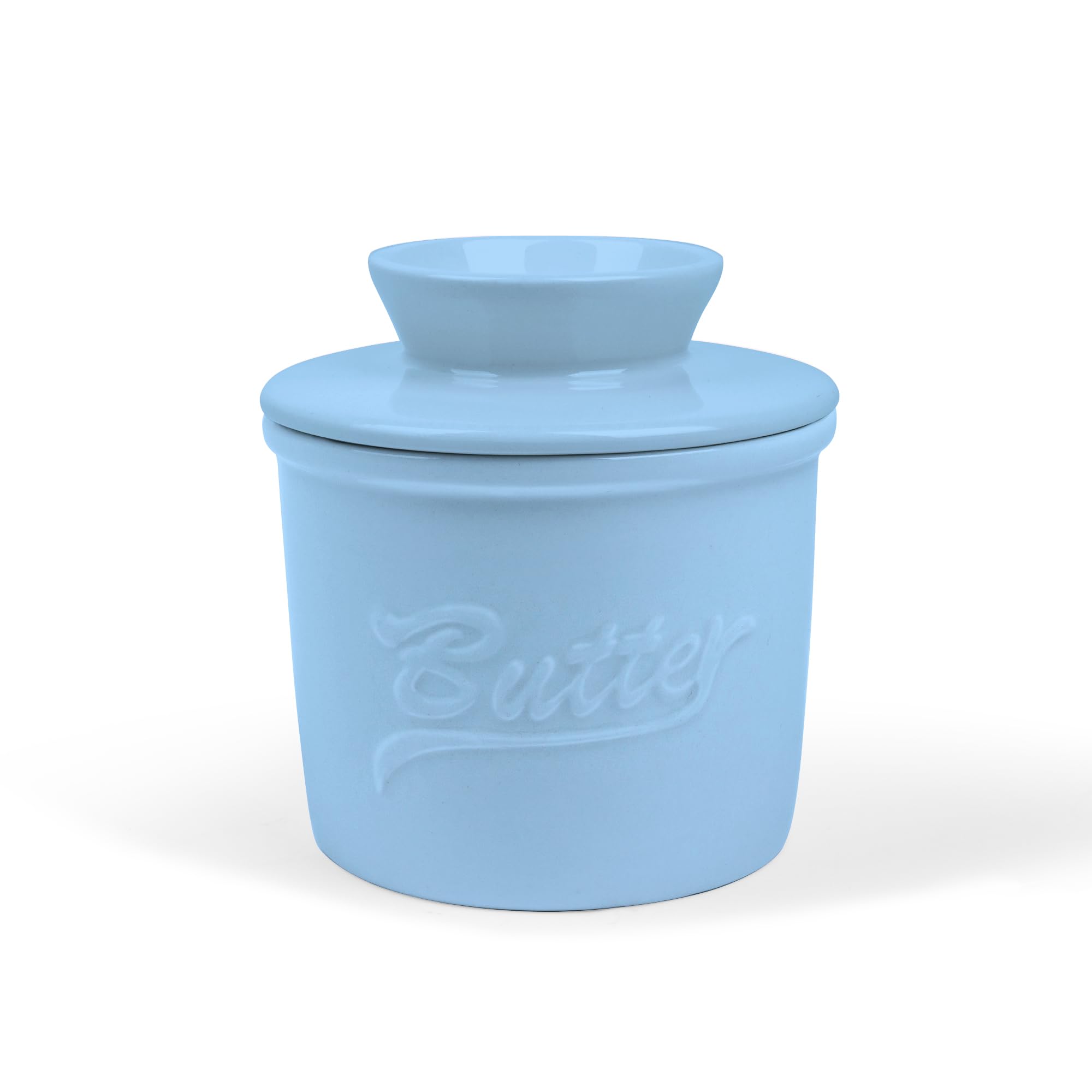 fanquare Blue Alphabet Porcelain Butter Jar, French Ceramic Butter Crock with Water Line, Sealed Butter Dish with Lid and Handle