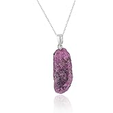 Gemkora Pink Ruby Pendant Necklace, Natural Raw Crystals, Rough Gemstone, Energy Healing Stone, Birthstone, Daily Wear, Trendy Silver Plated Brass Jewelry 18 inch