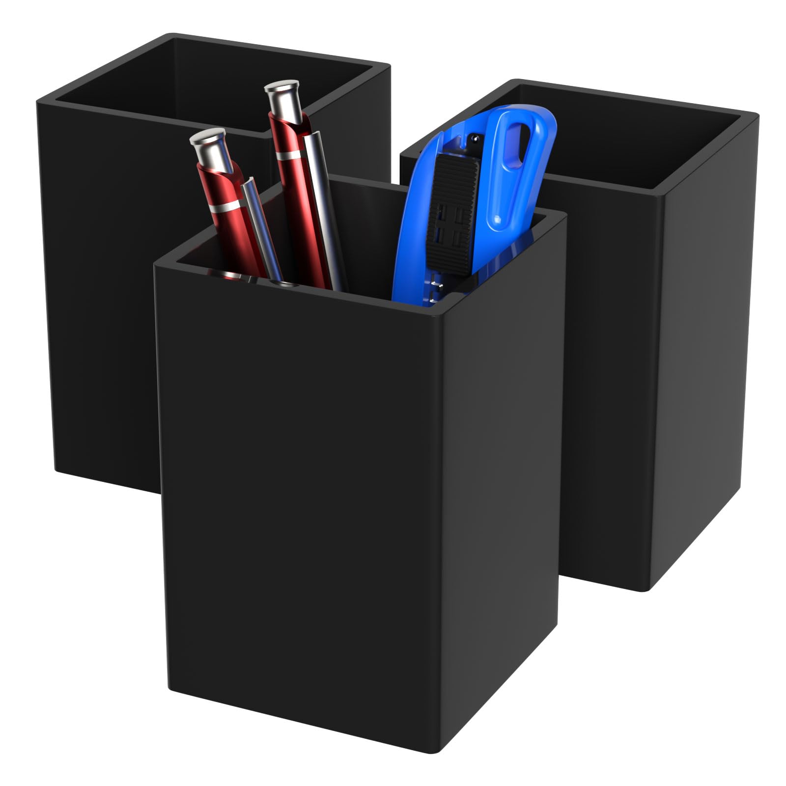 AITEE Acrylic Pen Pencil Holder: 3 Pack Black Pen Pot Square Makeup Brush Holder Desktop Stationery Organizer for office school home