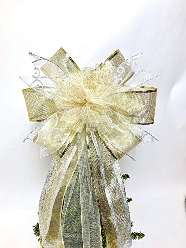 Wreath Bow, Silver and Gold, Cream Pom Pom Tree Topper, Door Decor, Gift Basket Bow, Wine Bottle Ribbon, Swag Bow