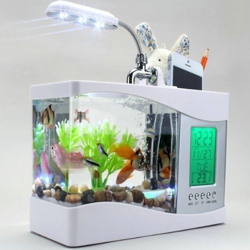 Livehomes Mini USB LCD Desktop Lamp Light Fish Tank Aquarium LED Clock USB Desktop Aquarium Small Fish Tank,White
